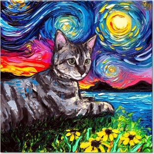 Tabby Tiger Cat Starry Night Posters and Art
